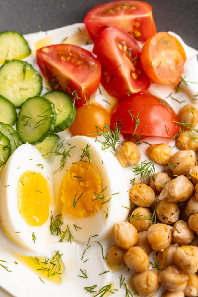 close up image of the toppings in a savory yogurt bowl.