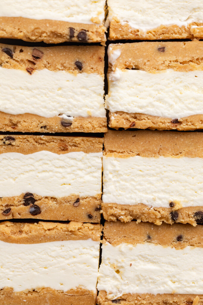 overhead close up image of healthier cookie dough ice cream sandwiches.