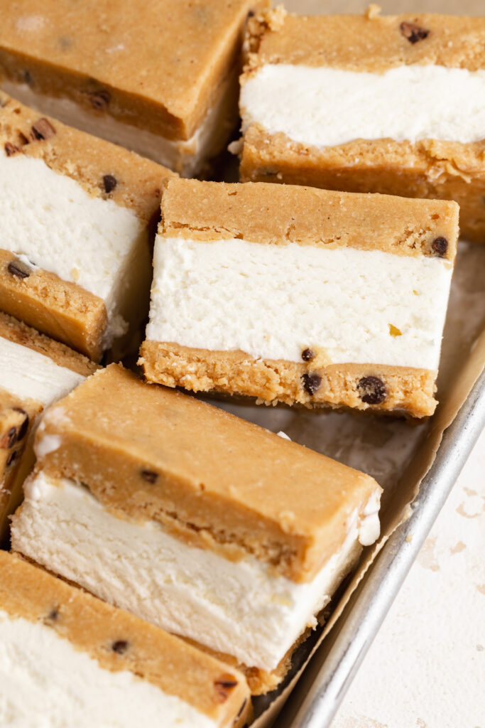 healthier cookie dough ice cream sandwiches in a sheet pan.