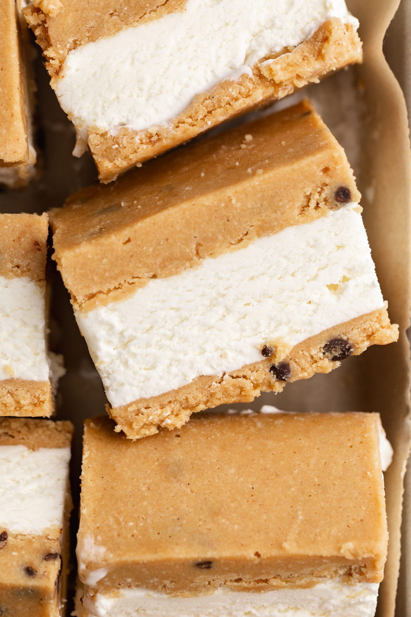 overhead close up image of healthier cookie dough ice cream sandwiches.