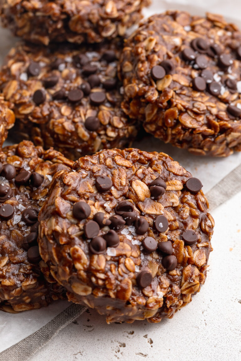 5-Ingredient No-Bake Cookies no bake cookies piled on top of each other on a table.
