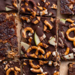 overhead image of caramel apple date bark cut into pieces