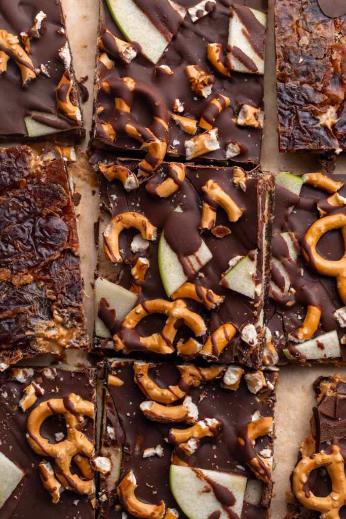 overhead image of caramel apple date bark cut into pieces