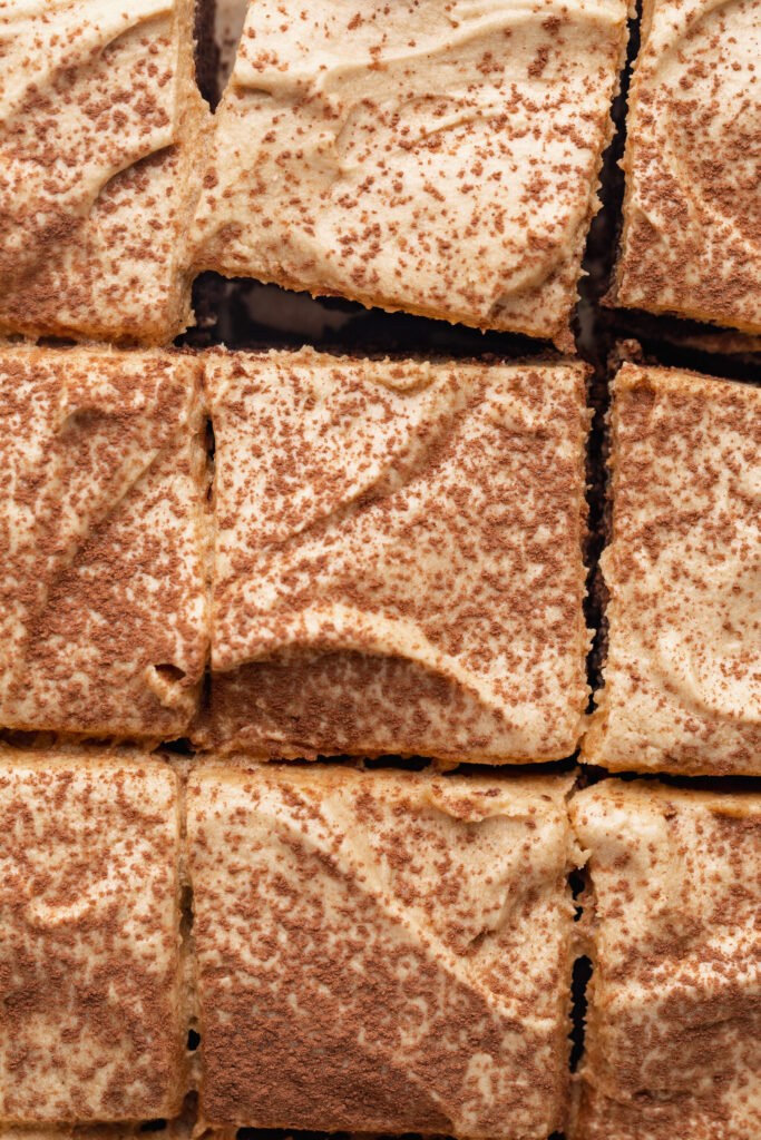 overhead image of espresso martini brownie cut into squares.